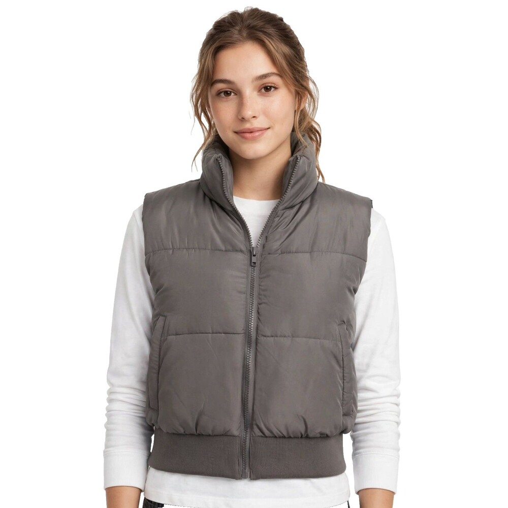 Madden Girl Puffer Vest XS Granite Gray Cropped Puffy Quilted Vest Full Zip